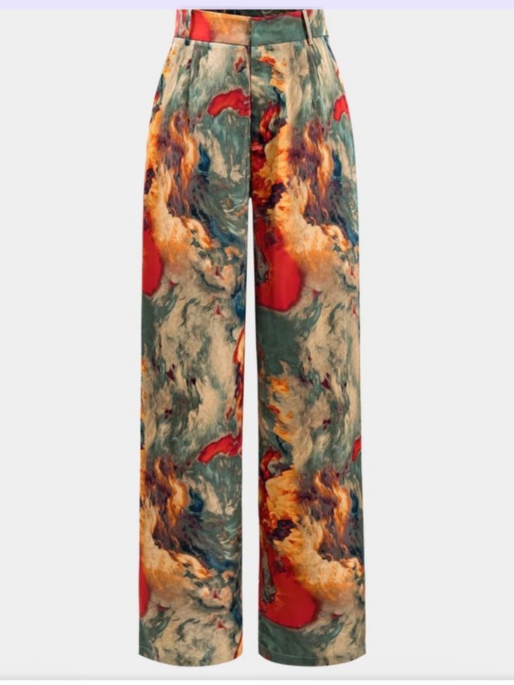 Abstract Marble-Print Wide-Leg Pants in Green and Red